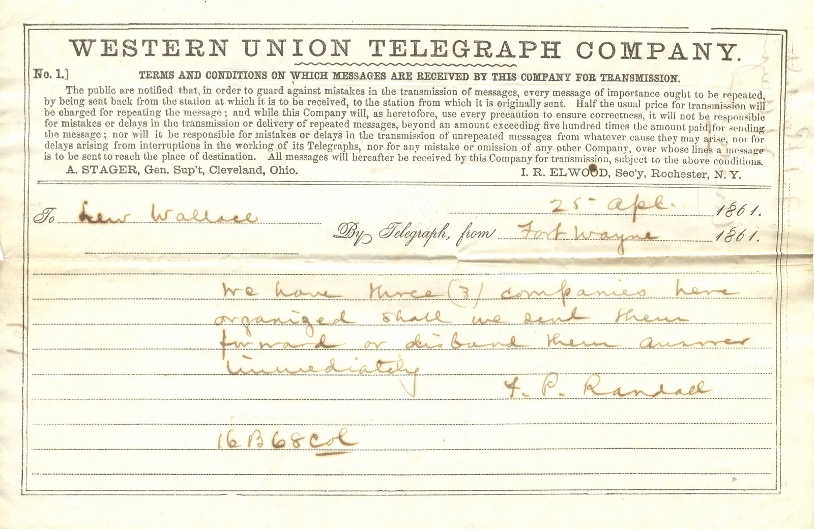 F. P. Randall to General Lew Wallace, 1861-04-25 - DPLA - cb8365a8131262b38e2e854ccfc2fba9