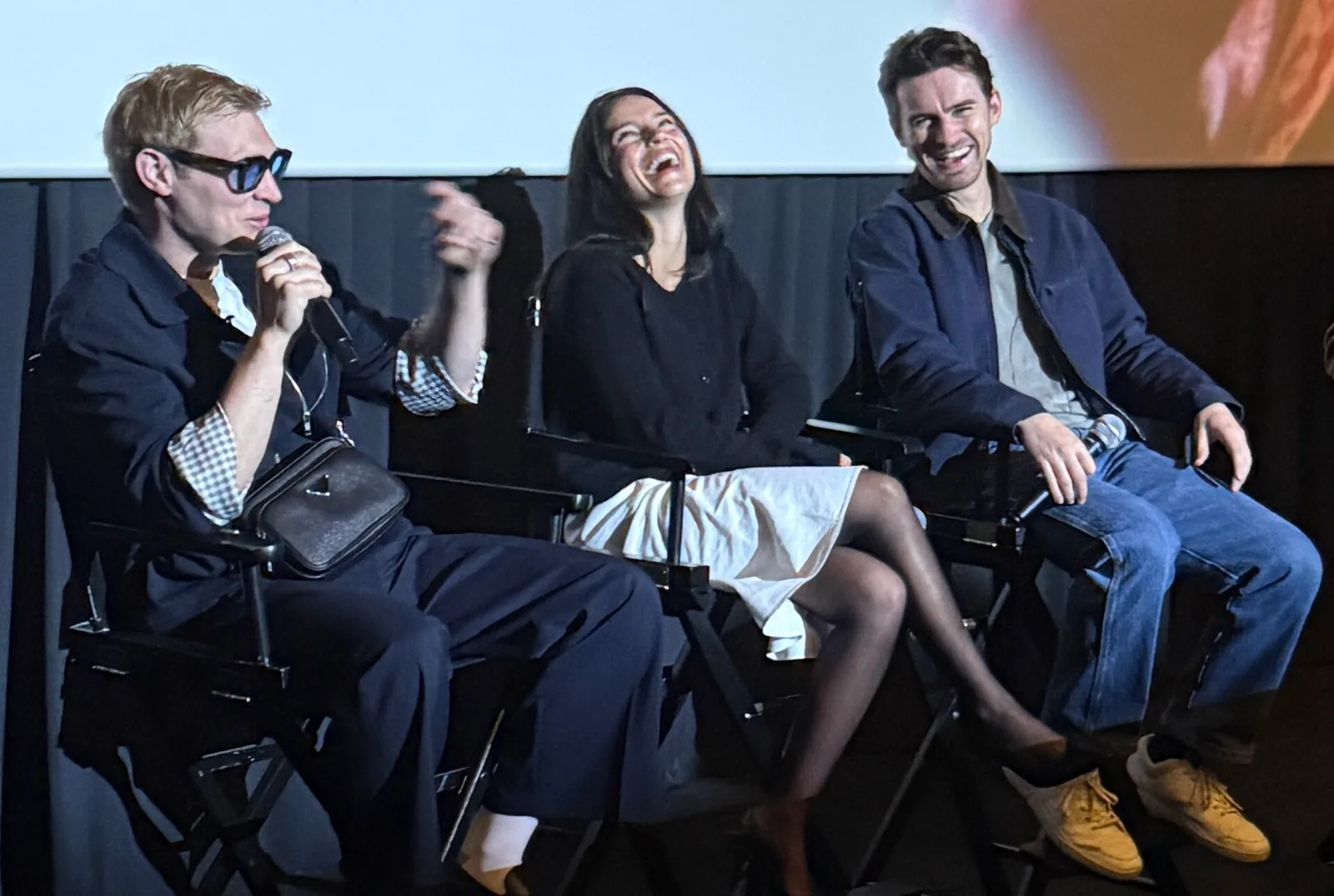 Q&A for the film Obsession, 2026, at Century City. Left to right: director Curry Barker, actress Inde Navarrette, actor Michael Johnston, and moderator/TikToker Straw Hat Goofy.