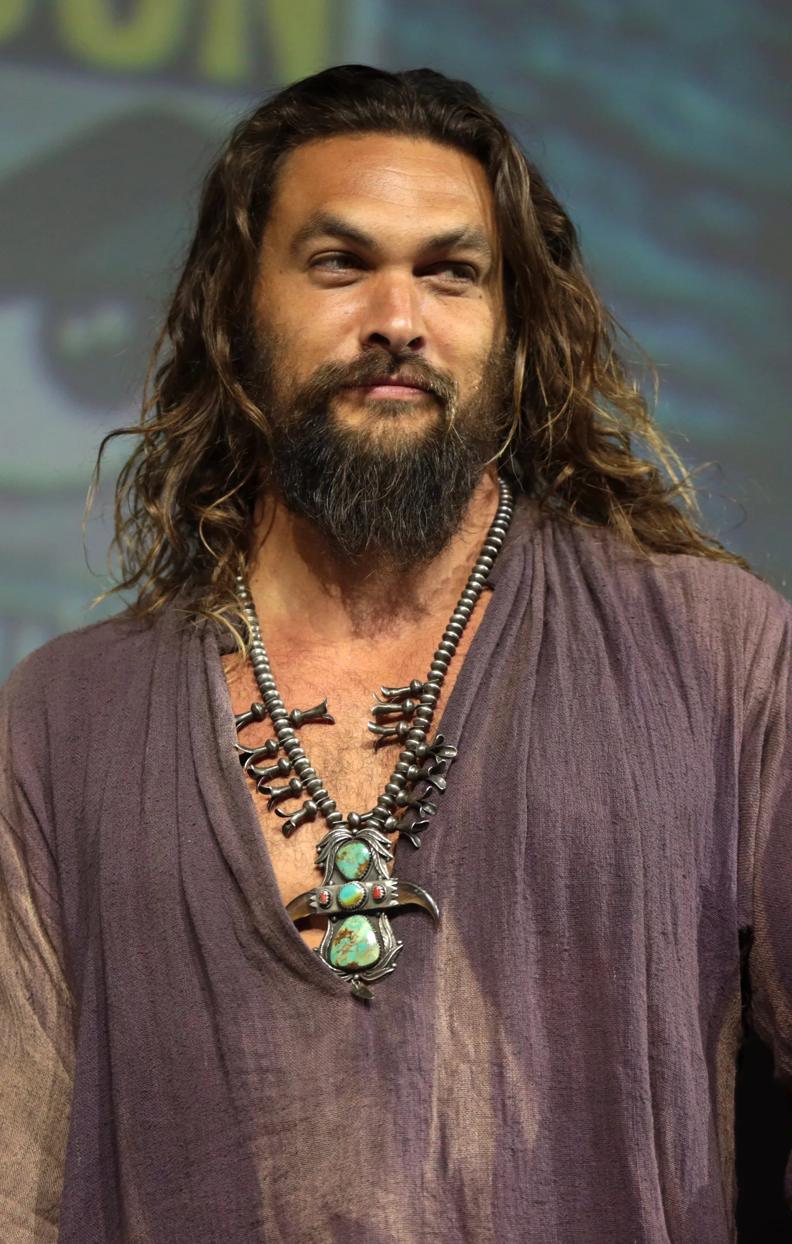 Jason Momoa speaking at the 2018 San Diego Comic-Con International in San Diego, California.