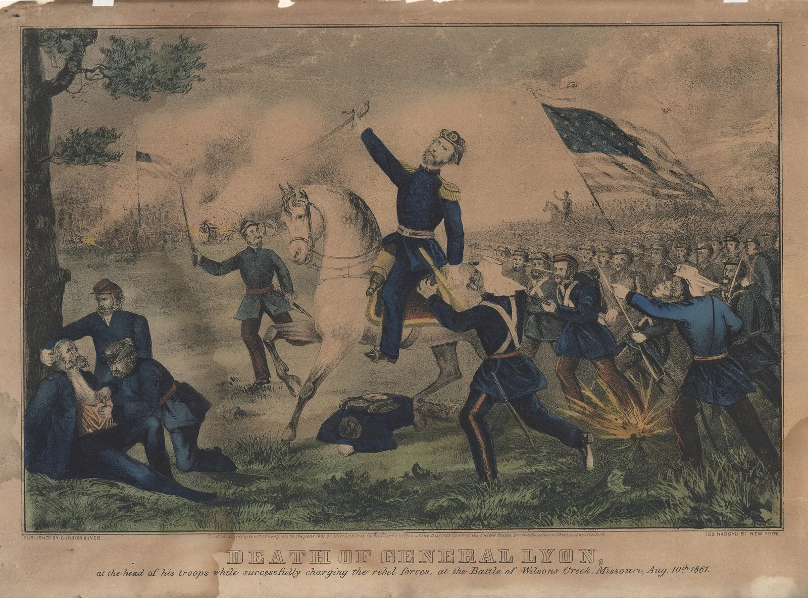 Sketch of a battle scene with Gen. Lyon on a horse in the foreground, large formation of Union troops charging Confederate position in the background, and a wounded officer sitting against a tree being helped by two men in the foreground. "DEATH OF GENERAL LYON." (printed below image). Title: "Deat…