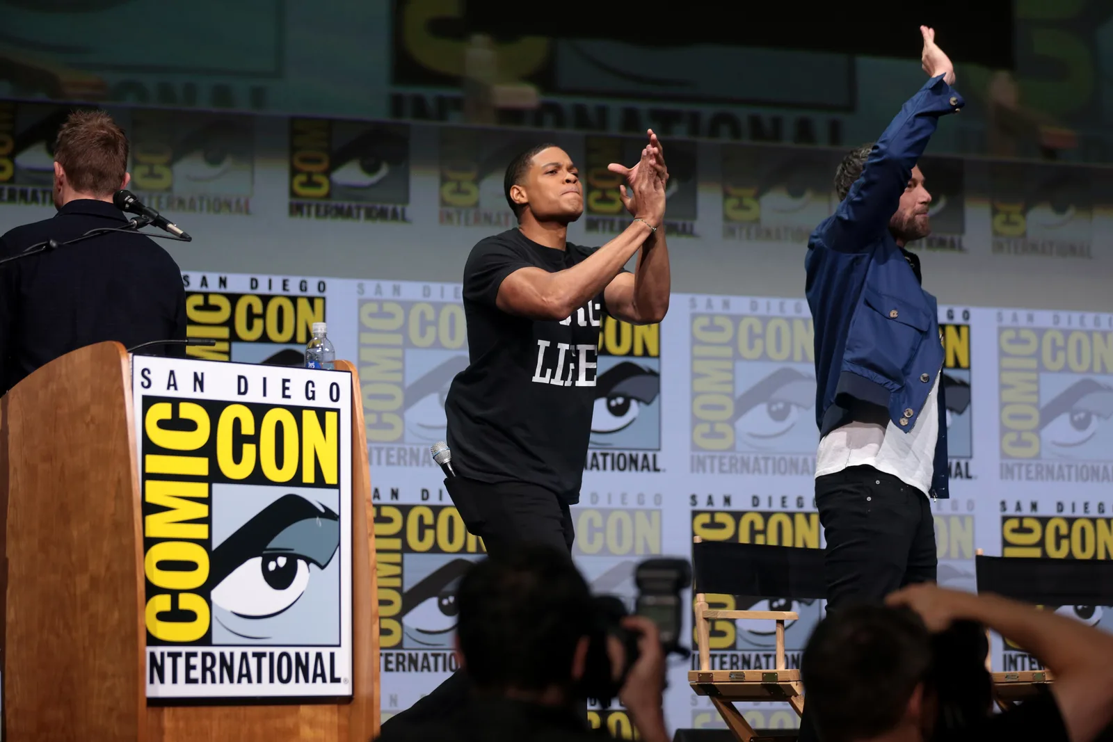 Ray Fisher and Ben Affleck speaking at the 2017 San Diego Comic Con International, for "Justice League", at the San Diego Convention Center in San Diego, California.