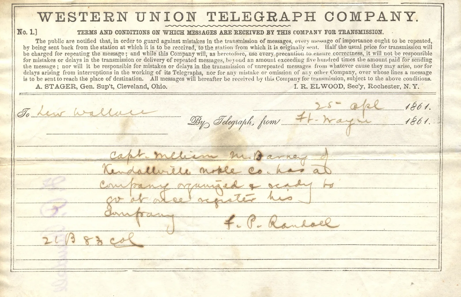 F. P. Randall to General Lew Wallace, 1861-04-25 - DPLA - 7f6e83af14d7fc8c777da06a39e8a59c