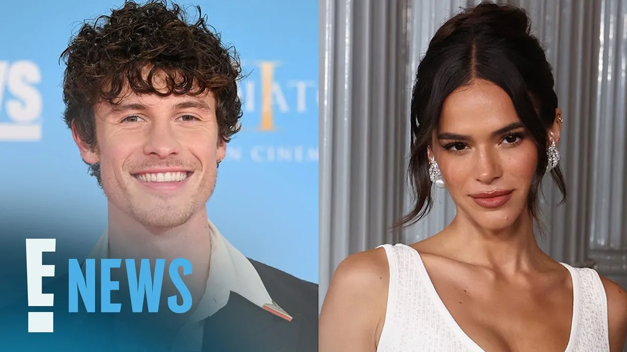 Portraits of Shawn Mendes and Bruna Marquezine in an E News video thumbnail