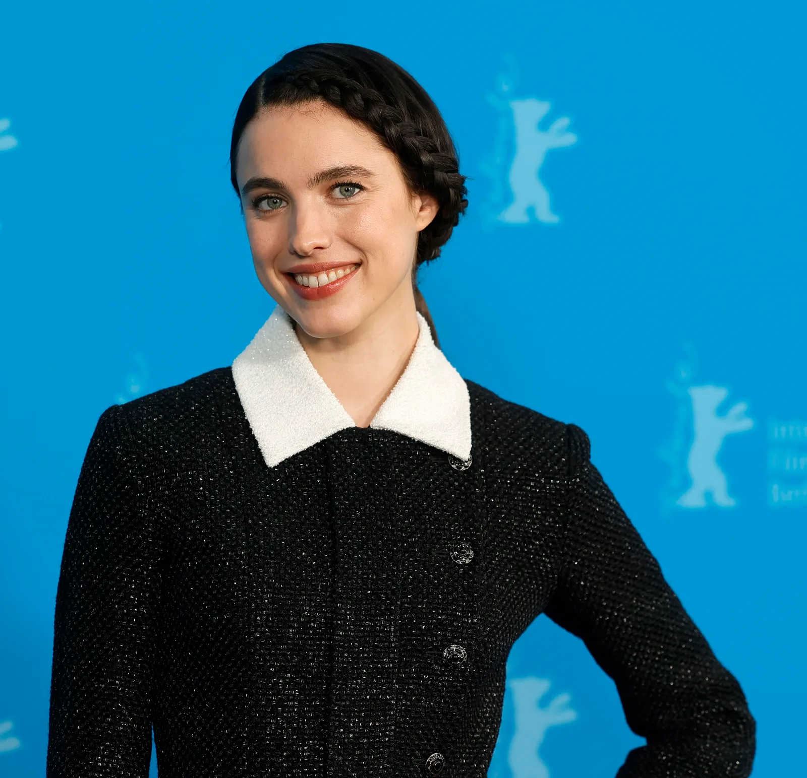 Margaret Qualley posing for photographers at the 2025 Berlin International Film Festival