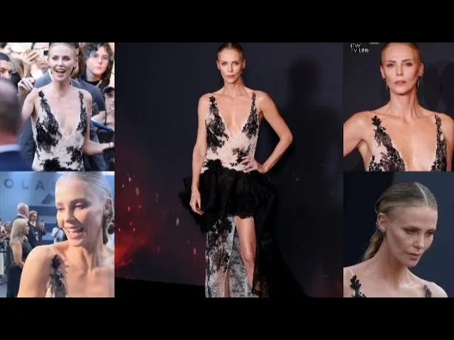 Charlize Theron in a black-and-flesh-toned lace Dior gown at The Odyssey premiere in Paris