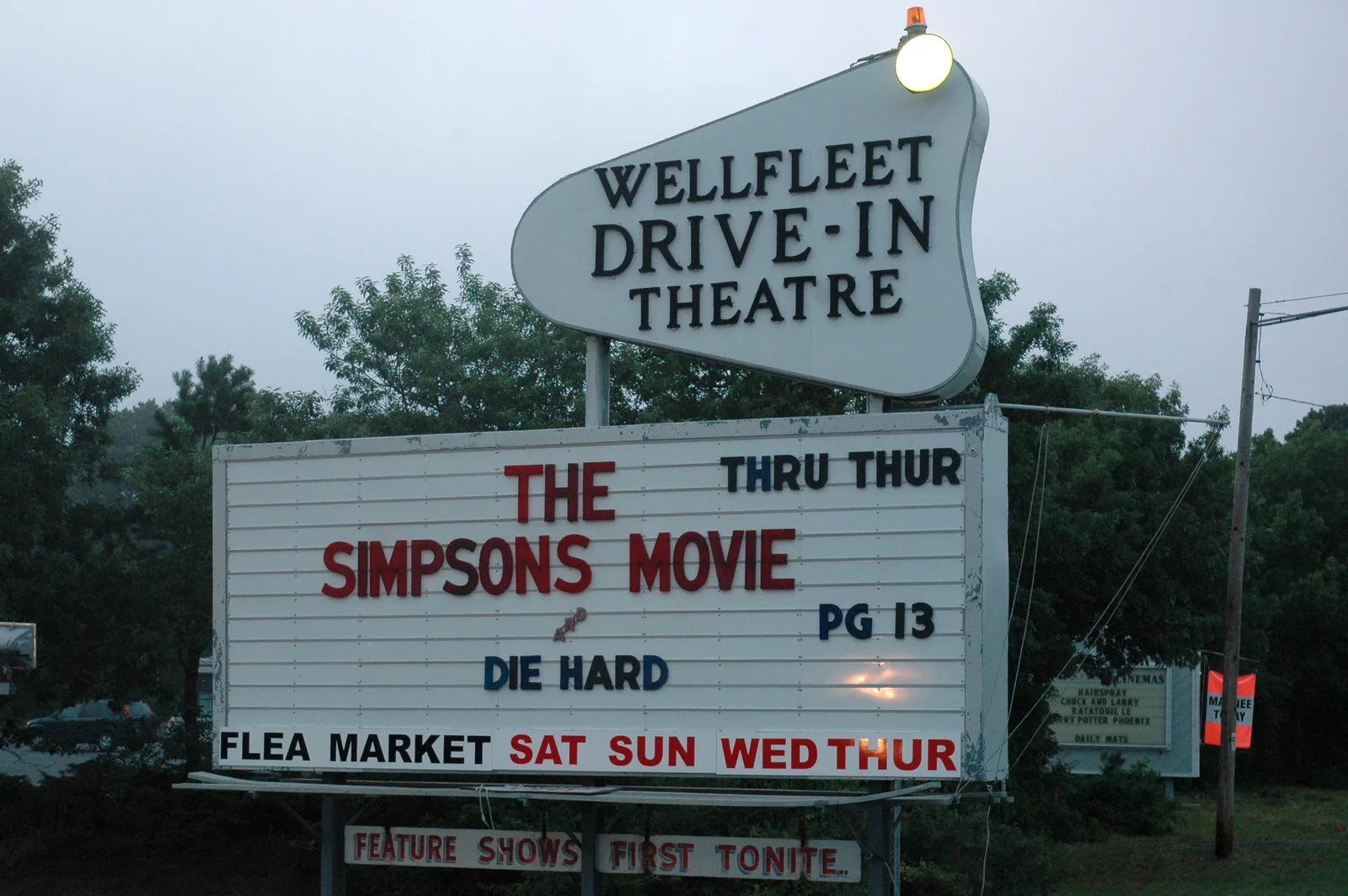 Wellfleet Drive-In Theatre sign, featuring The Simpsons Movie, Wellfleet, 2007