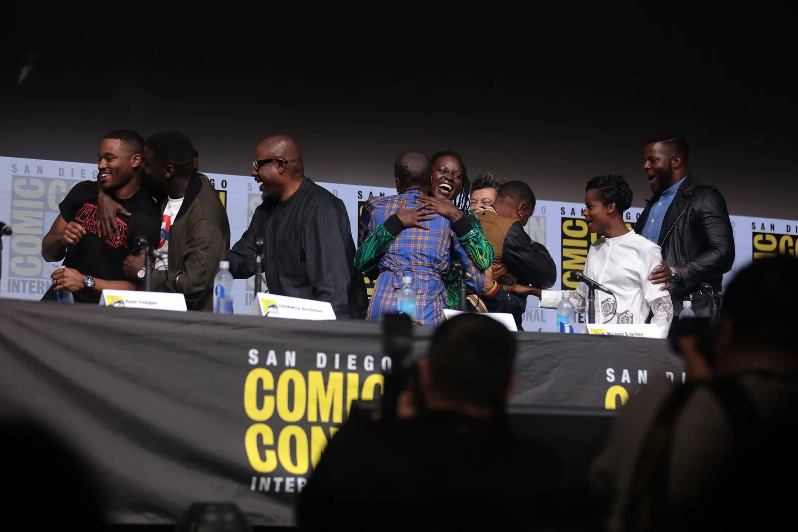 Ryan Coogler, Daniel Kaluuya, Forest Whitaker, Danai Gurira, Lupita Nyong'o, Andy Serkis, Michael B. Jordan, Letitia Wright and Winston Duke speaking at the 2017 San Diego Comic Con International, for "Black Panther", at the San Diego Convention Center in San Diego, California.