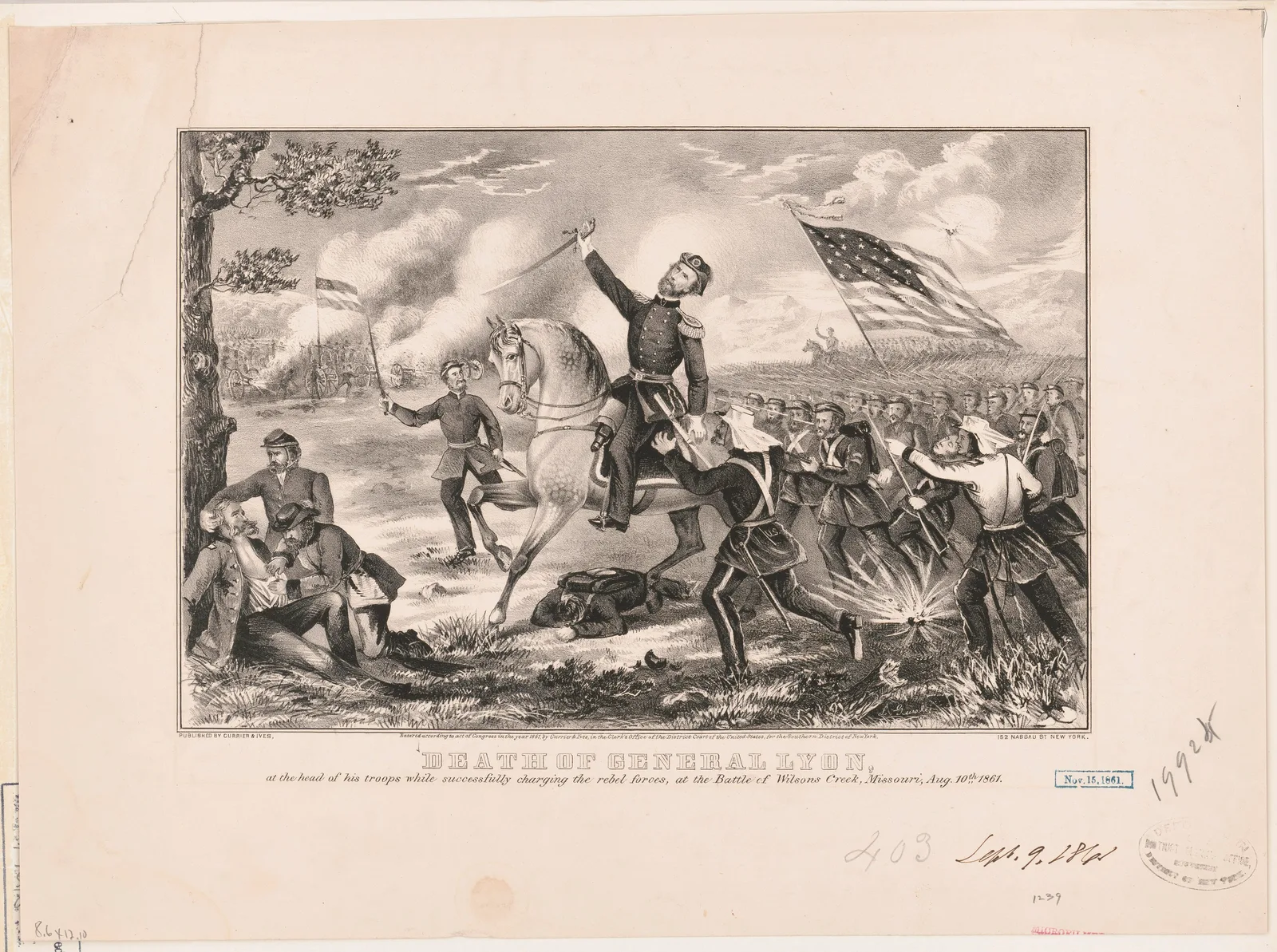 Title: Death of General Lyon: At the head of his troops while successfully charging the rebel forces, at the Battle of Wilsons Creek, Missouri, Aug. 10th 1861 Abstract/medium: 1 print : lithograph.
