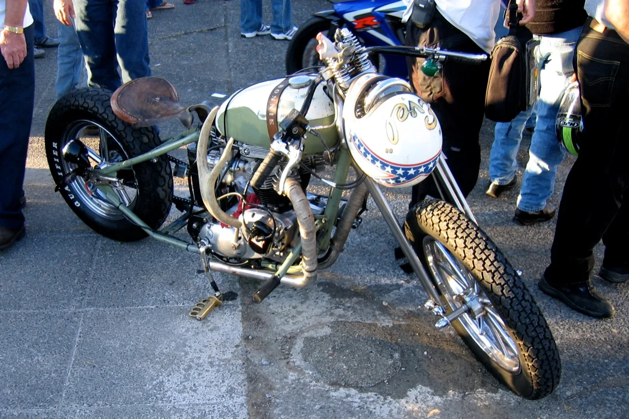 A chopper motorcycle at Backfire Motorcycle Night in Seattle
