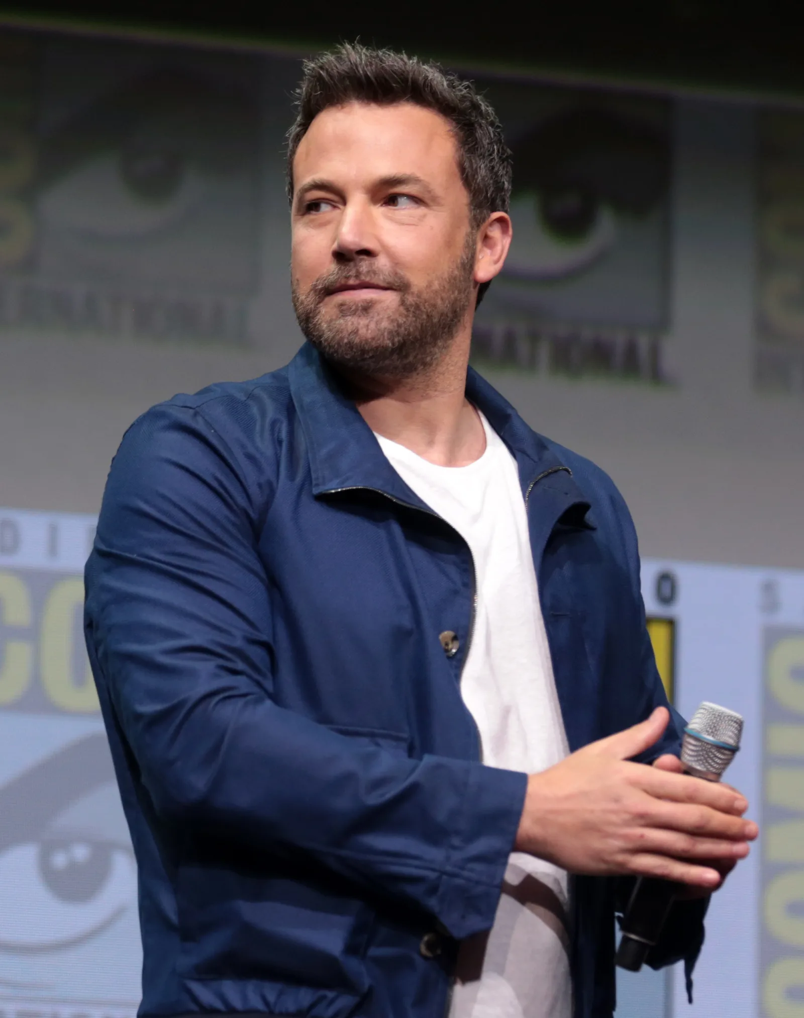 Ben Affleck and Ezra Miller speaking at the 2017 San Diego Comic Con International, for "Justice League", at the San Diego Convention Center in San Diego, California.