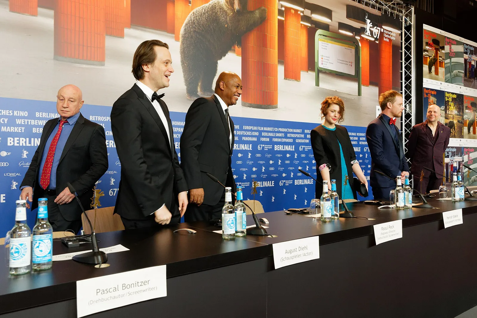 The panel at the Berlinale press conference for The Young Karl Marx, February 2017.