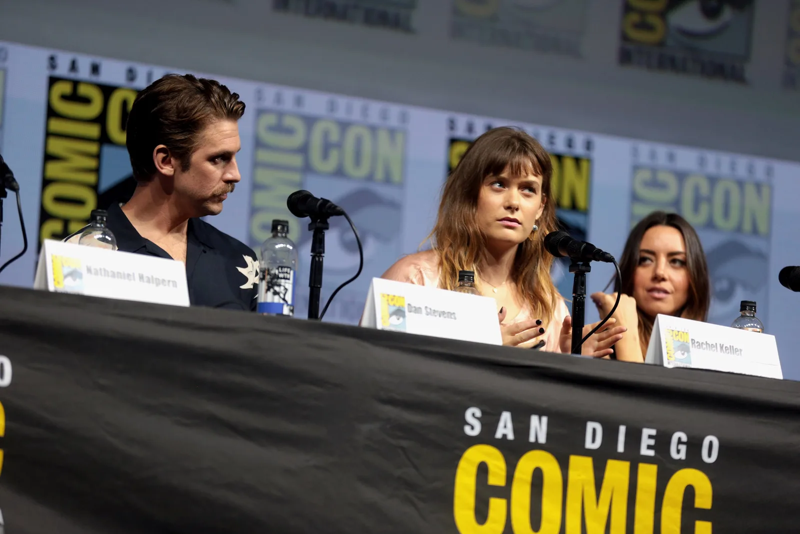 Dan Stevens, Rachel Keller and Aubrey Plaza speaking at the 2018 San Diego Comic Con International, for "Legion", at the San Diego Convention Center in San Diego, California.