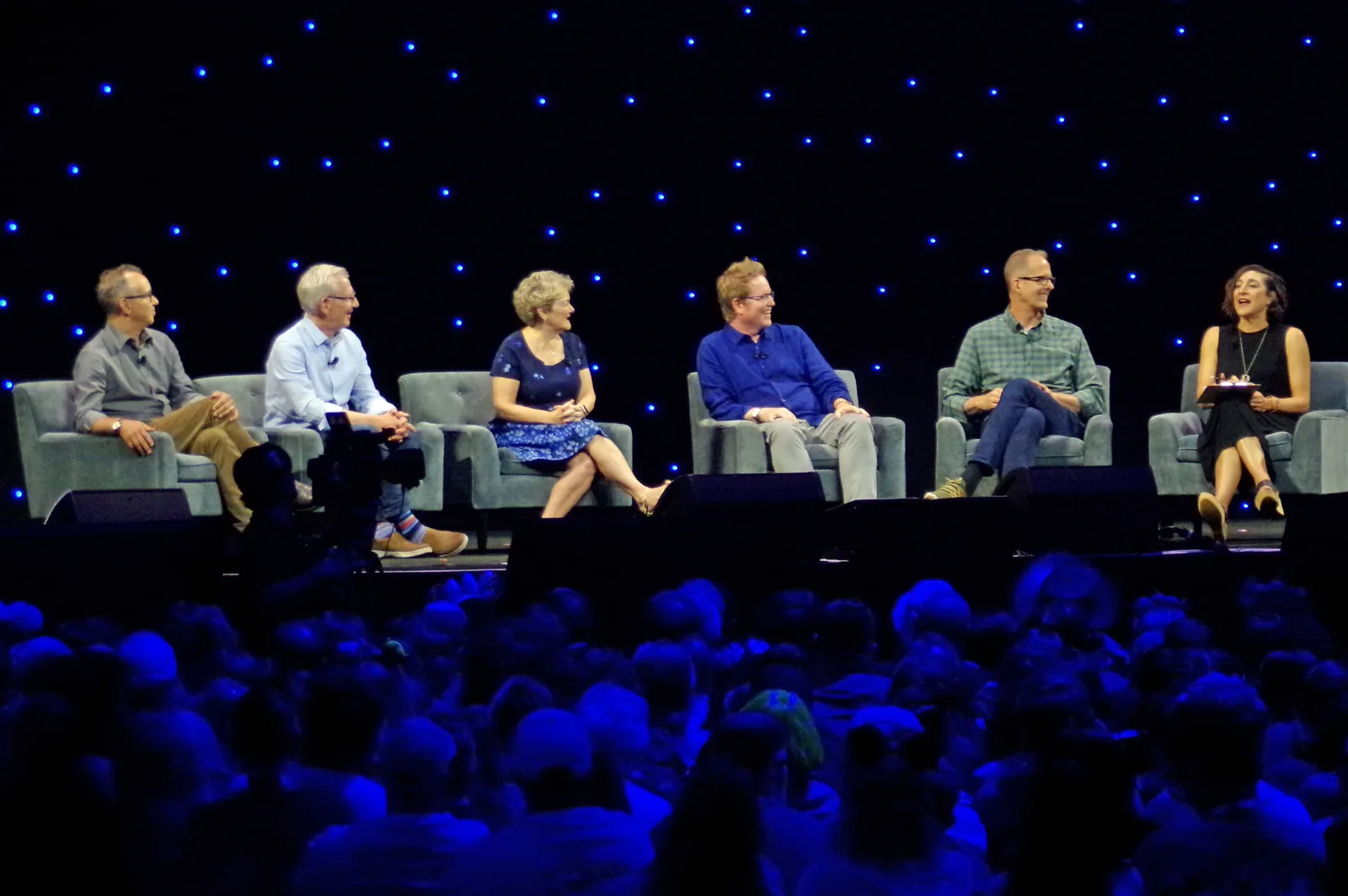 Pixar filmmakers Andrew Stanton and Pete Docter speaking at a D23 panel