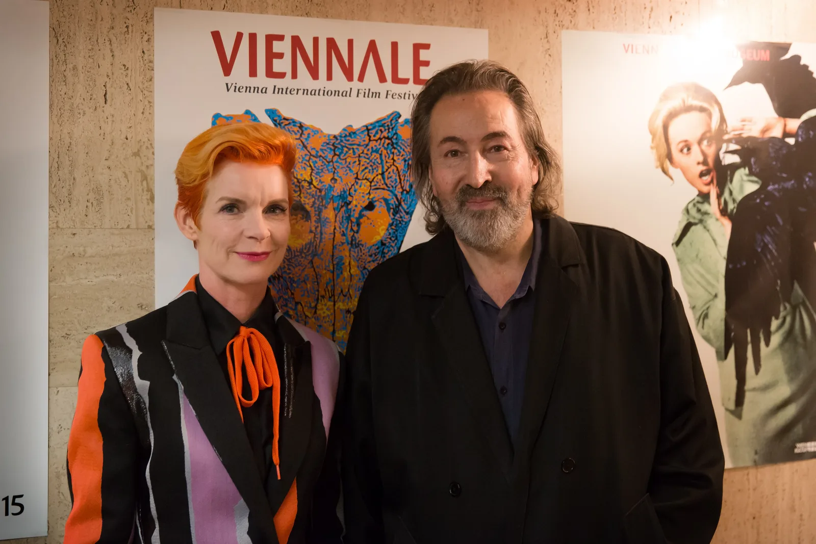 Sandy Powell and Hans Hurch , opening evening of Vienna International Film Festival 2015 at Gartenbaukino in Vienna , Austria .