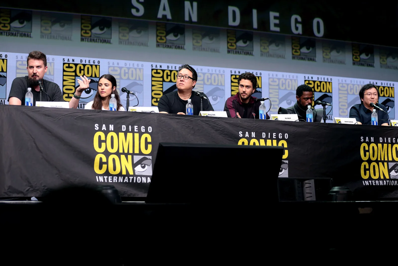 Adam Wingard, Margaret Qualley, Roy Lee, Nat Wolff, Keith Stanfield and Masi Oka speaking at the 2017 San Diego Comic Con International, for "Death Note", at the San Diego Convention Center in San Diego, California.