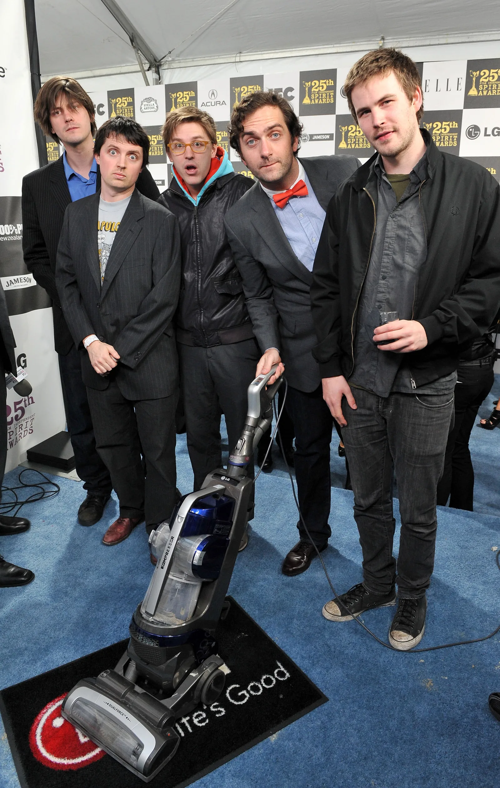 The Whitest Kids U' Know comedy troupe; (L-R) Actors Trevor Moore, Timmy Williams, Darren Trumeter, Sam Brown and Zach Cregger with the LG Electronics Kompressor Vacuum on The 25th Spirit Awards Blue Carpet held at Nokia Theatre L.A. Live on March 5, 2010 in Los Angeles Stars Take on Charitable Cho…