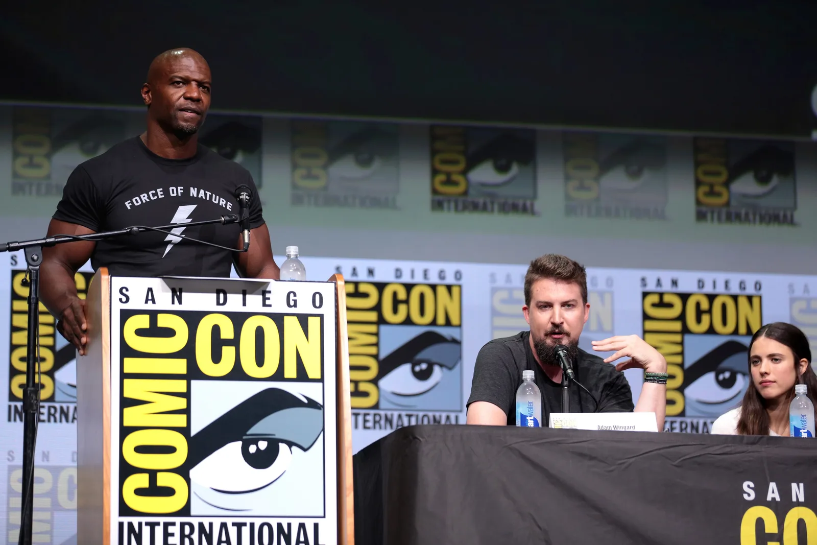 Terry Crews, Adam Wingard and Margaret Qualley speaking at the 2017 San Diego Comic Con International, for "Death Note", at the San Diego Convention Center in San Diego, California.
