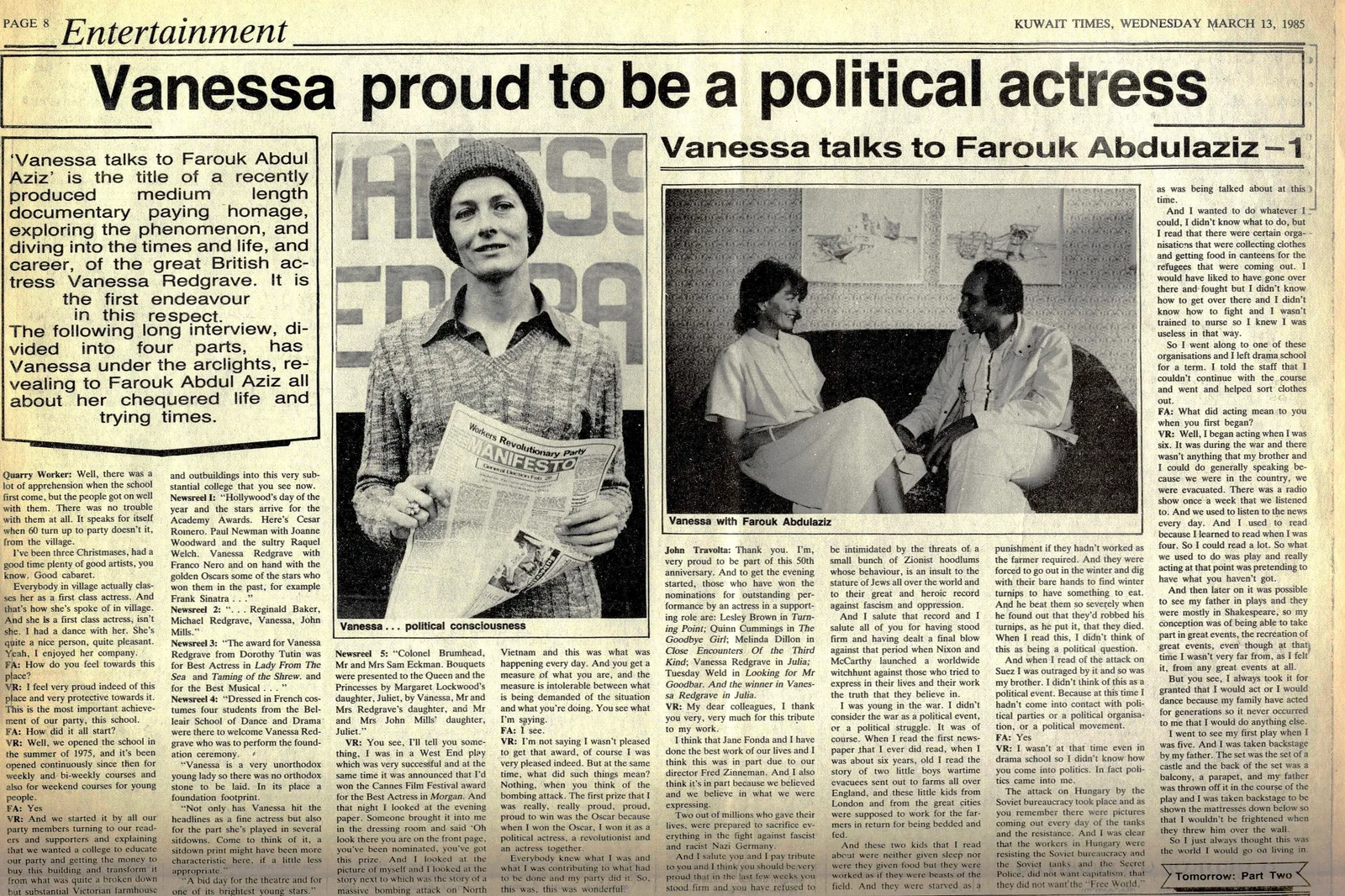 One of three interview pieces introducing the activist actor Vanessa Redgrave. Photo Credit - Farouq Archives.