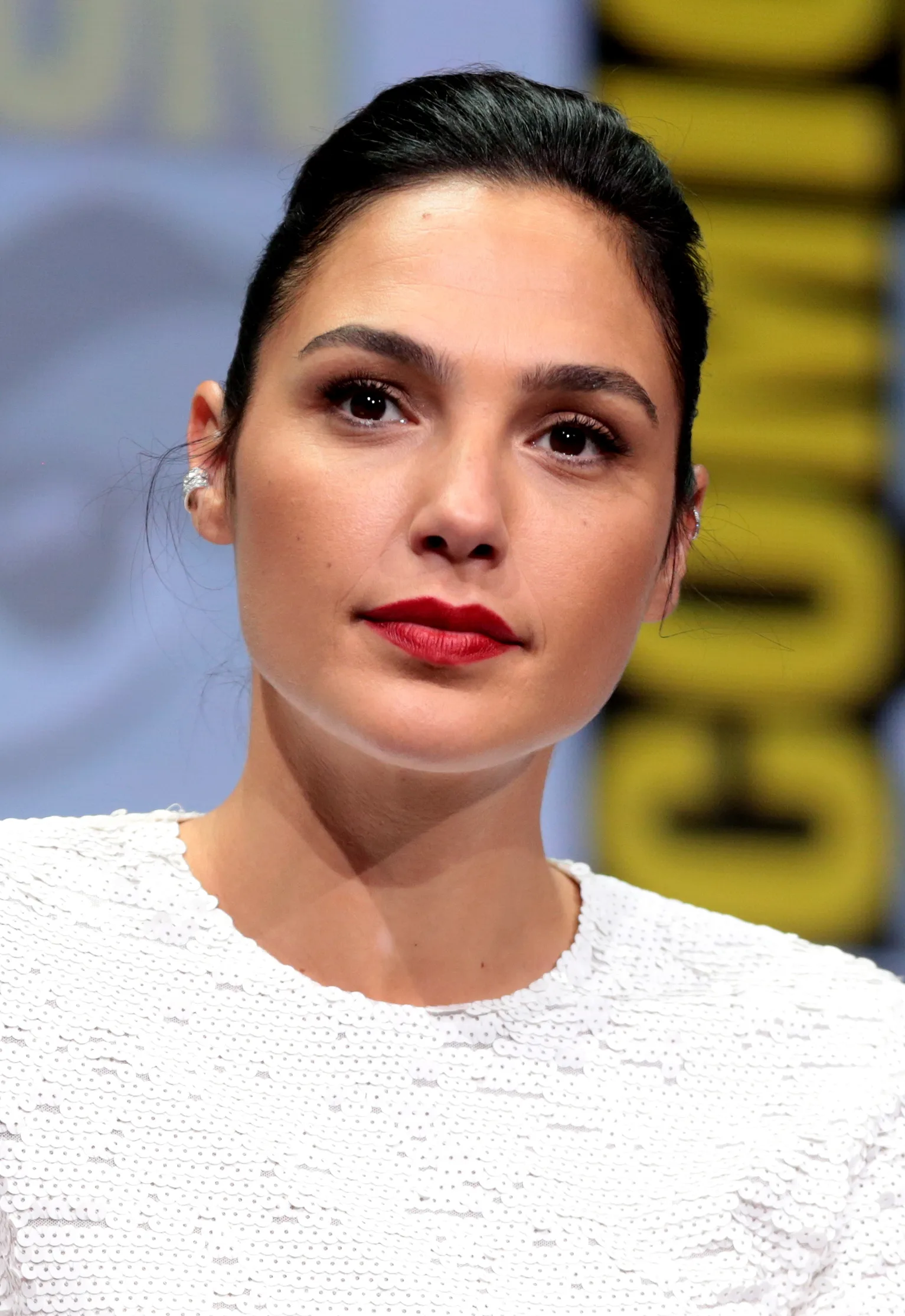 Gal Gadot speaking at the 2017 San Diego Comic-Con International in San Diego, California.