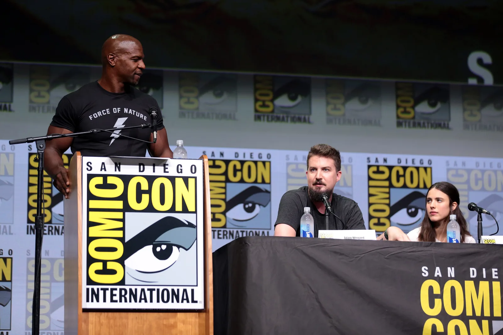 Terry Crews, Adam Wingard and Margaret Qualley speaking at the 2017 San Diego Comic Con International, for "Death Note", at the San Diego Convention Center in San Diego, California.