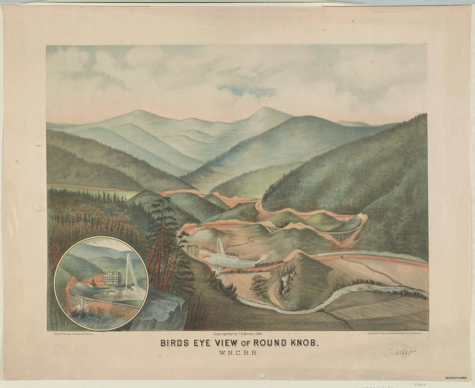 Title: Birds eye view of Round Knob. W.N.C.R.R. / sketched by Horace Bradly; engd. & printed by C.G. Crawford, N.Y. Abstract/medium: 1 print : lithograph, color.