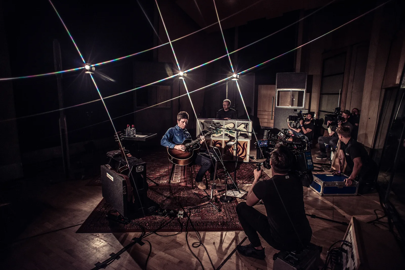 Noel Gallagher and Mikey Rowe performing at Metropolis Studios, London, for the Apple TV+ documentary Once in a Lifetime Sessions (2018). Photo by Tom Rowland.