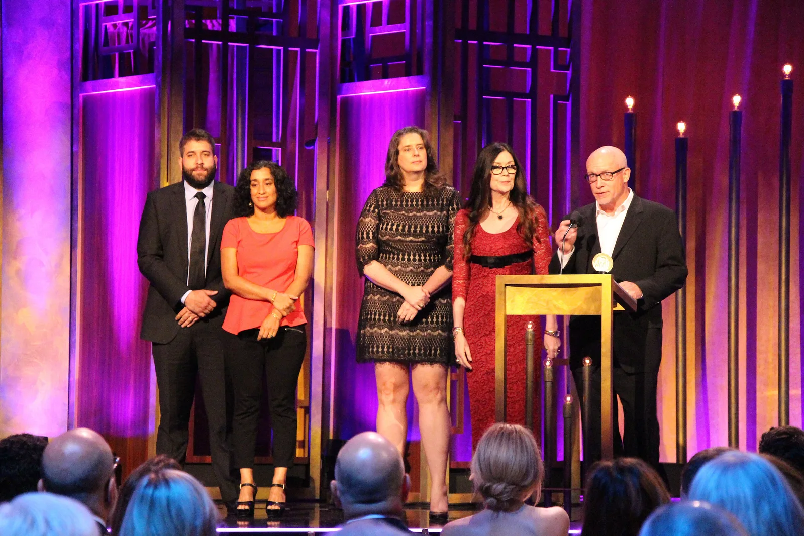 Writer and Director Alex Gibney accepts the Peabody for Mr. Dynamite: The Rise of James Brown . He is joined on stage by Trevor Davidoski, Geeta Gandbhir, Blair Foster and Victoria Pearman.