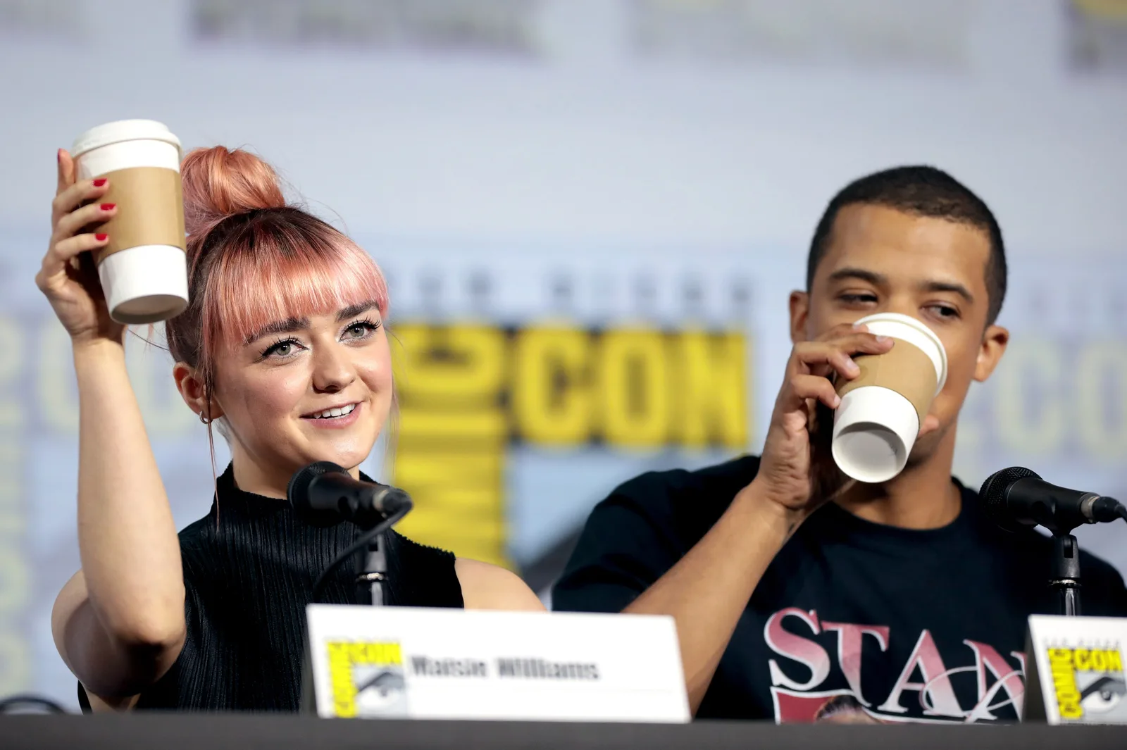 Maisie Williams and Jacob Anderson speaking at the 2019 San Diego Comic Con International, for "Game of Thrones", at the San Diego Convention Center in San Diego, California.