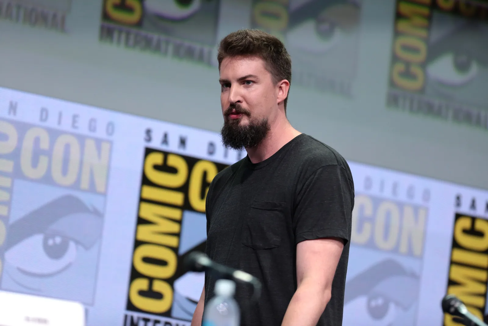 Adam Wingard speaking at the 2017 San Diego Comic Con International, for "Death Note", at the San Diego Convention Center in San Diego, California.