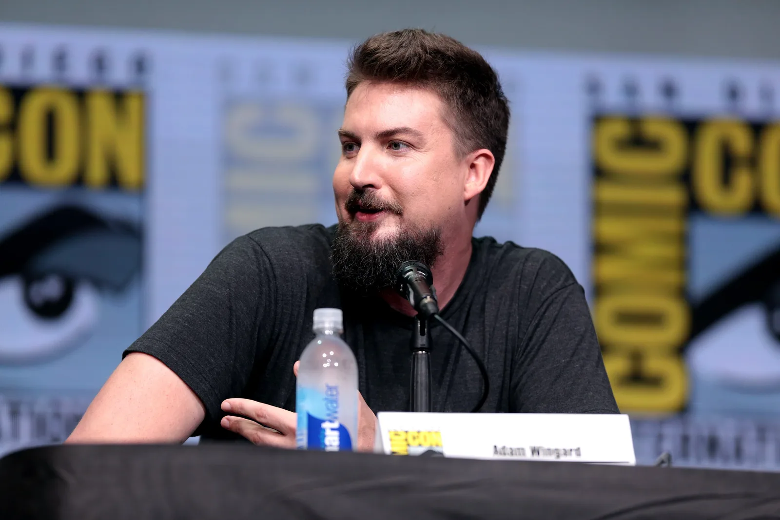 Adam Wingard speaking at the 2017 San Diego Comic Con International, for "Death Note", at the San Diego Convention Center in San Diego, California.